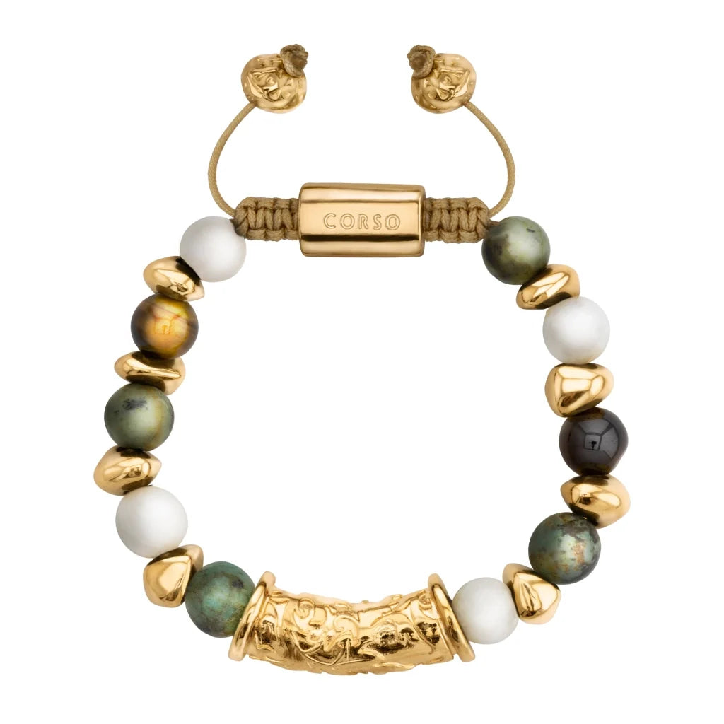 Pulsera ajustable con hilo de seda, piedras de 8mm, con detalle tubular barroco, lunetas e insignia en baño de oro de 22K - Joyería y bisutería fina