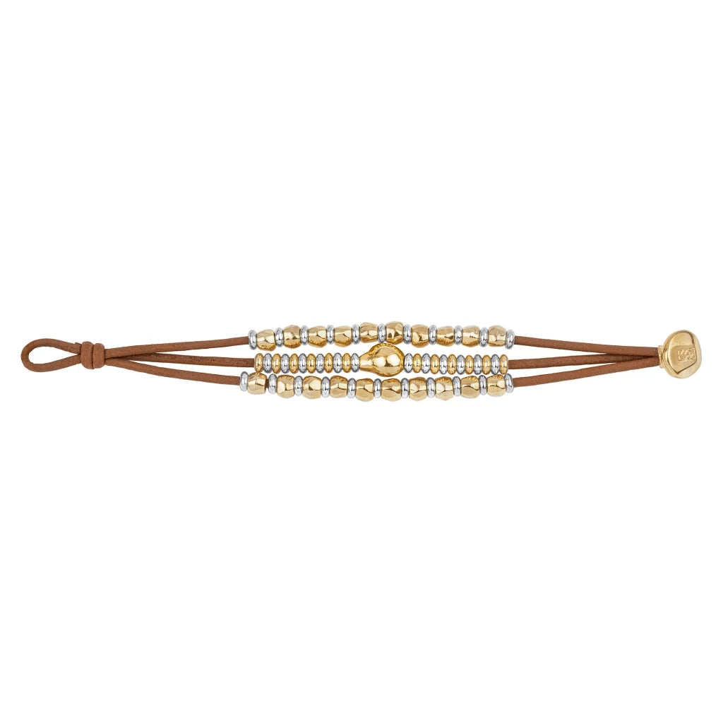 Pulsera de piel con donas y cuentas en baño de oro 22K y rodio - Joyería y bisutería fina