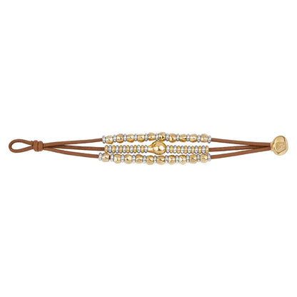 Pulsera de piel con donas y cuentas en baño de oro 22K y rodio - Joyería y bisutería fina