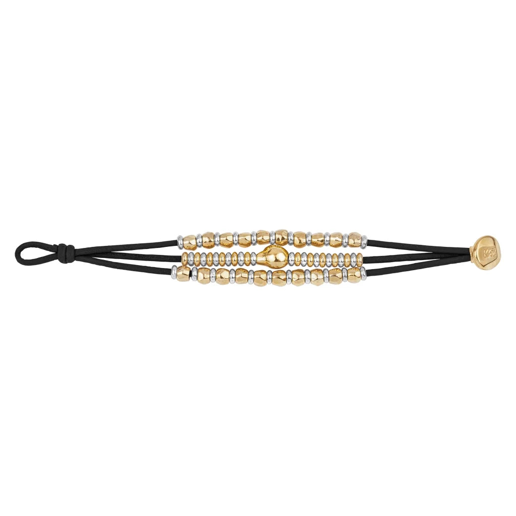 Pulsera de piel con donas y cuentas en baño de oro 22K y rodio - Joyería y bisutería fina