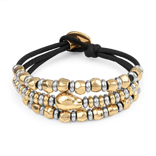 Pulsera de piel con donas y cuentas en baño de oro 22K y rodio - Joyería y bisutería fina