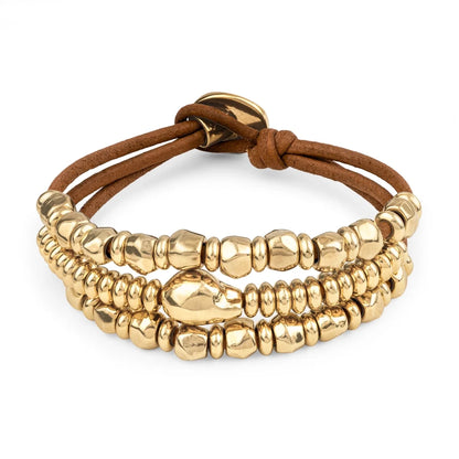 Pulsera de piel con donas y cuentas en baño de oro 22K - Joyería y bisutería fina