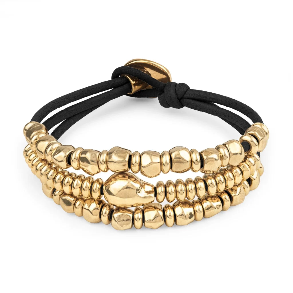Pulsera de piel con donas y cuentas en baño de oro 22K - Joyería y bisutería fina