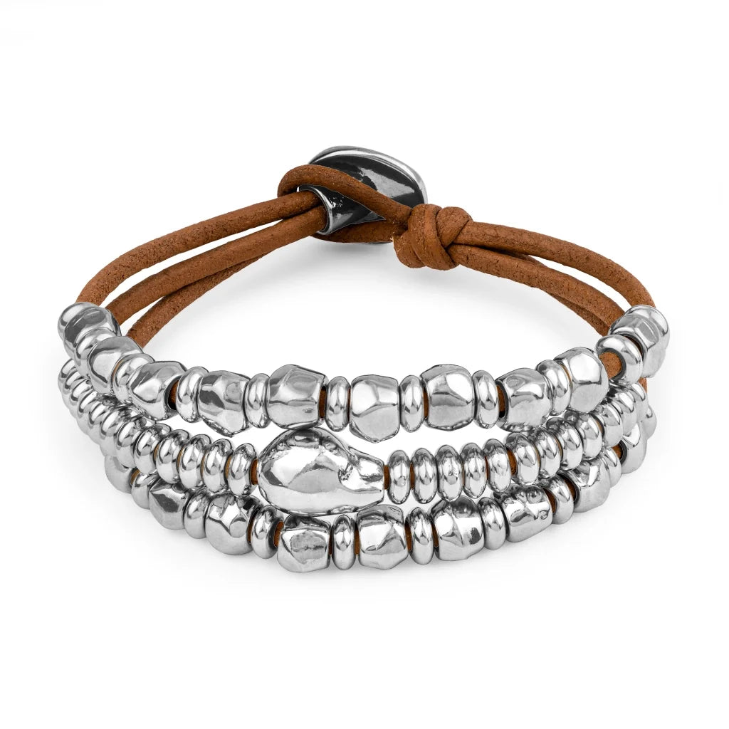 Pulsera de piel con donas y cuentas en baño de rodio - Joyería y bisutería fina