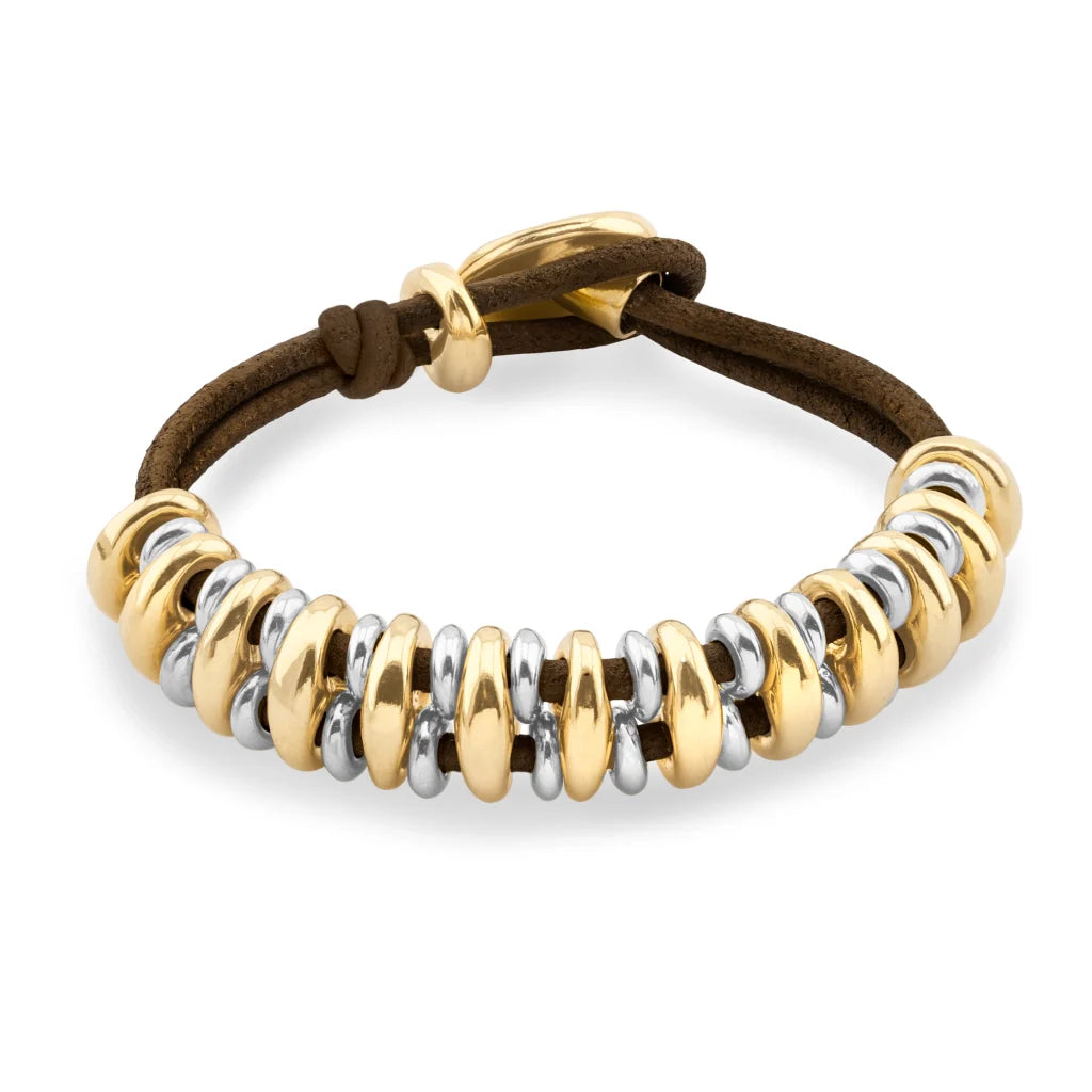 Pulsera Detalles en baño de oro 22K y rodio, Piel natural española - Joyería y bisutería fina