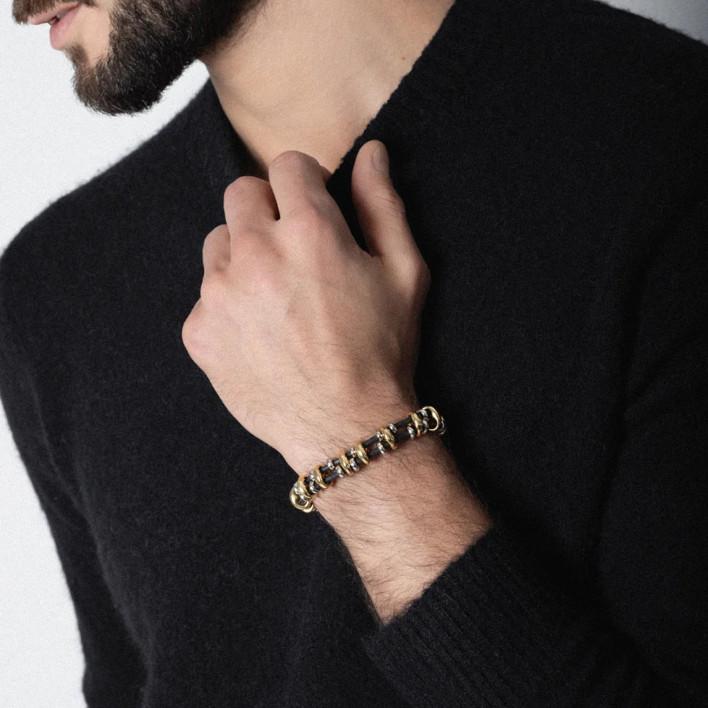 Pulsera Detalles en baño de oro 22K y rodio, Piel natural española - Joyería y bisutería fina