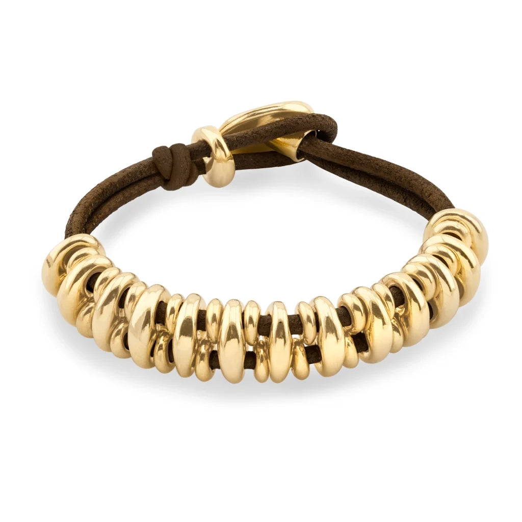 Pulsera de piel natural española, con detalles y broche de botón en baño de oro 22K - Joyería y bisutería fina