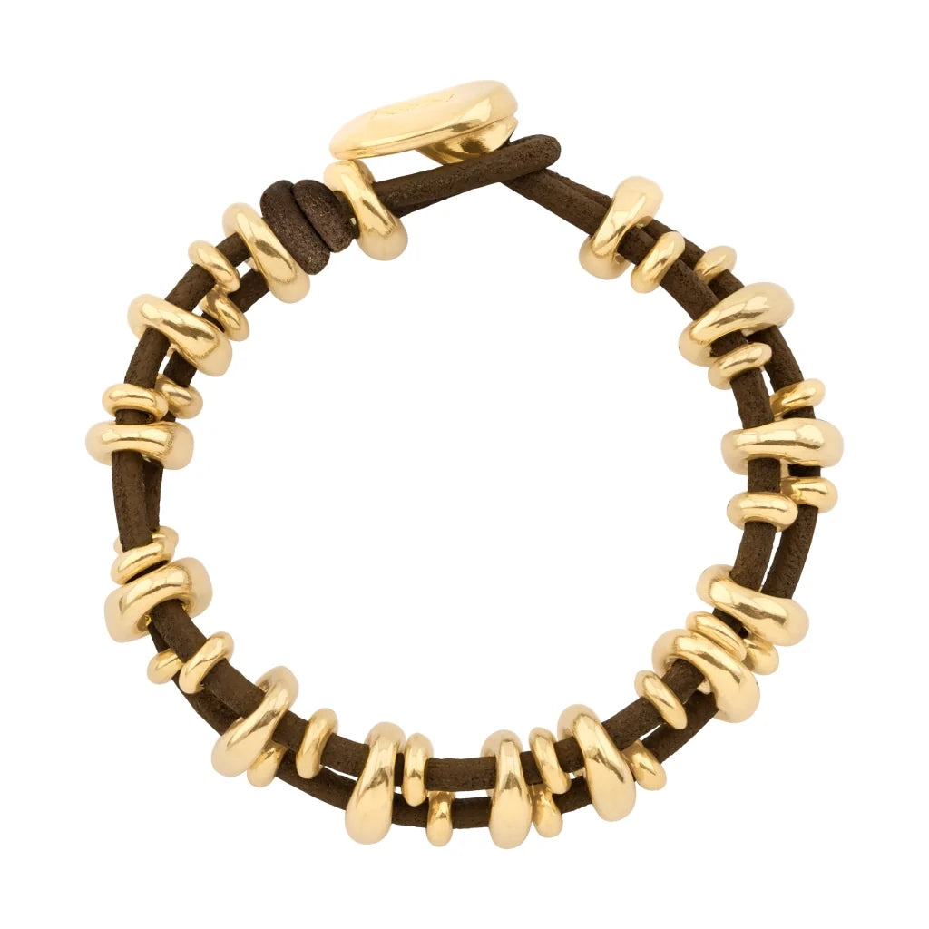 Pulsera de piel natural española, con detalles y broche de botón en baño de oro 22K - Joyería y bisutería fina