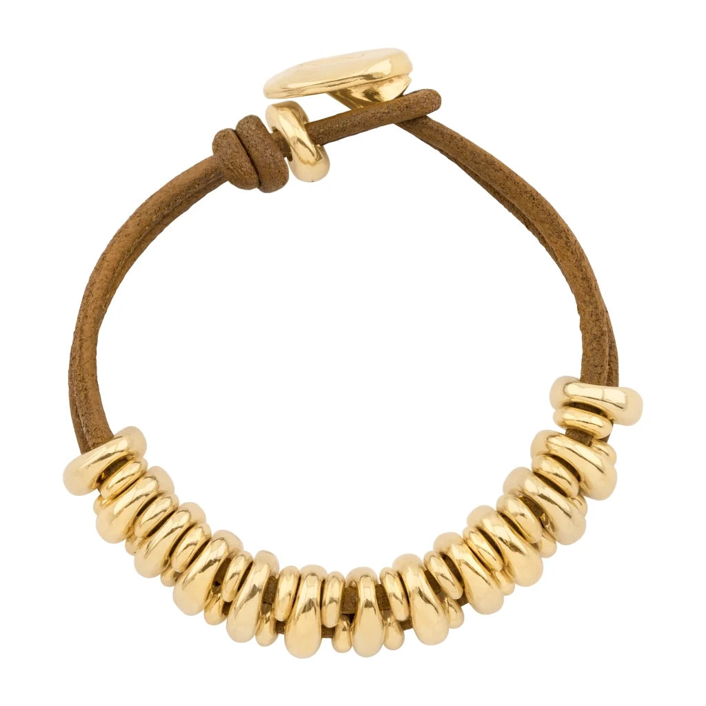 Pulsera de piel natural española, con detalles y broche de botón en baño de oro 22K - Joyería y bisutería fina