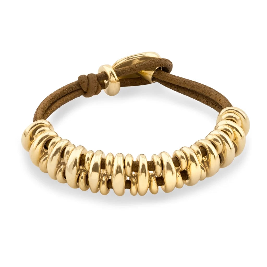 Pulsera de piel natural española, con detalles y broche de botón en baño de oro 22K - Joyería y bisutería fina