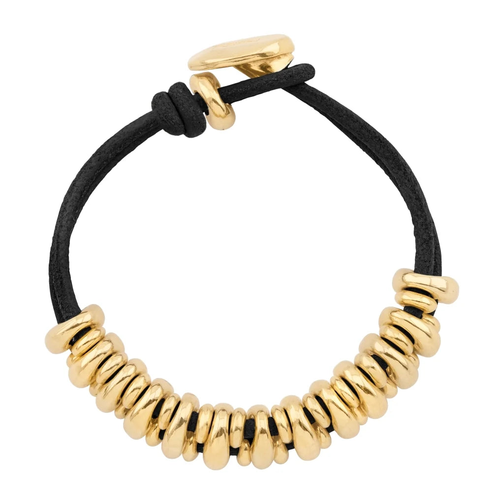 Pulsera de piel natural española, con detalles y broche de botón en baño de oro 22K - Joyería y bisutería fina