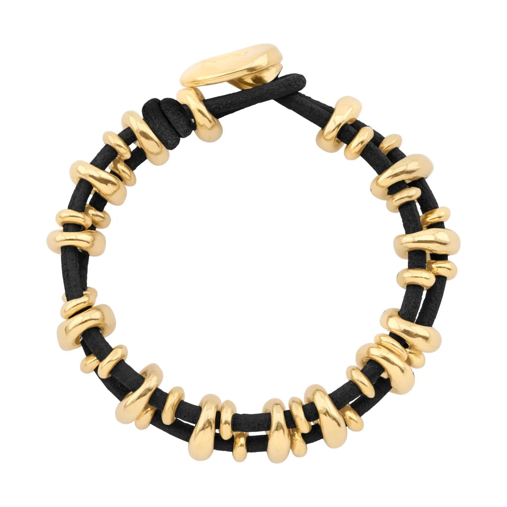 Pulsera de piel natural española, con detalles y broche de botón en baño de oro 22K - Joyería y bisutería fina