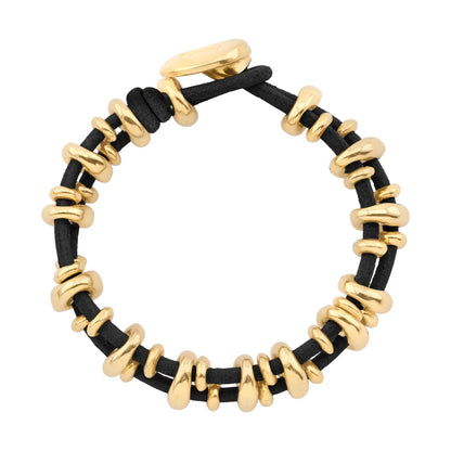 Pulsera de piel natural española, con detalles y broche de botón en baño de oro 22K - Joyería y bisutería fina
