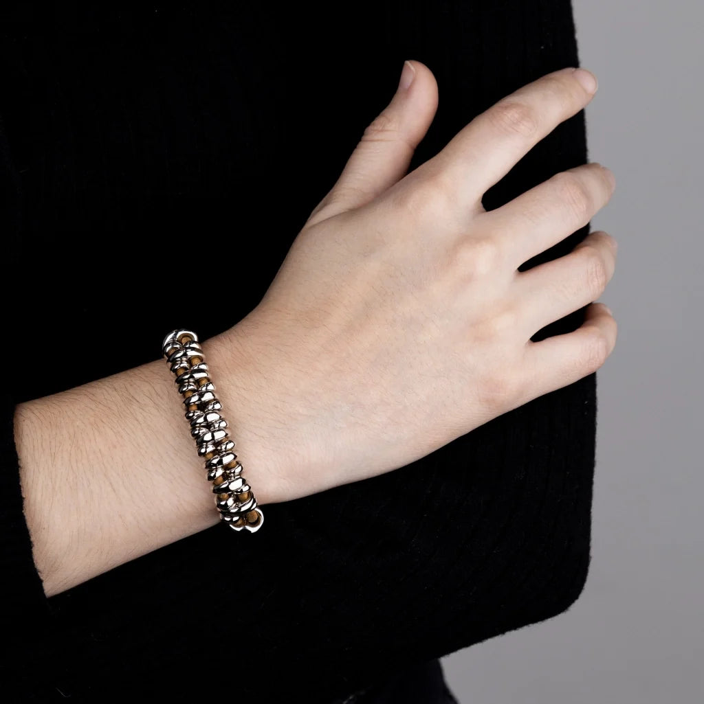 Pulsera Detalles en baño rodio, Piel natural española - Joyería y bisutería fina