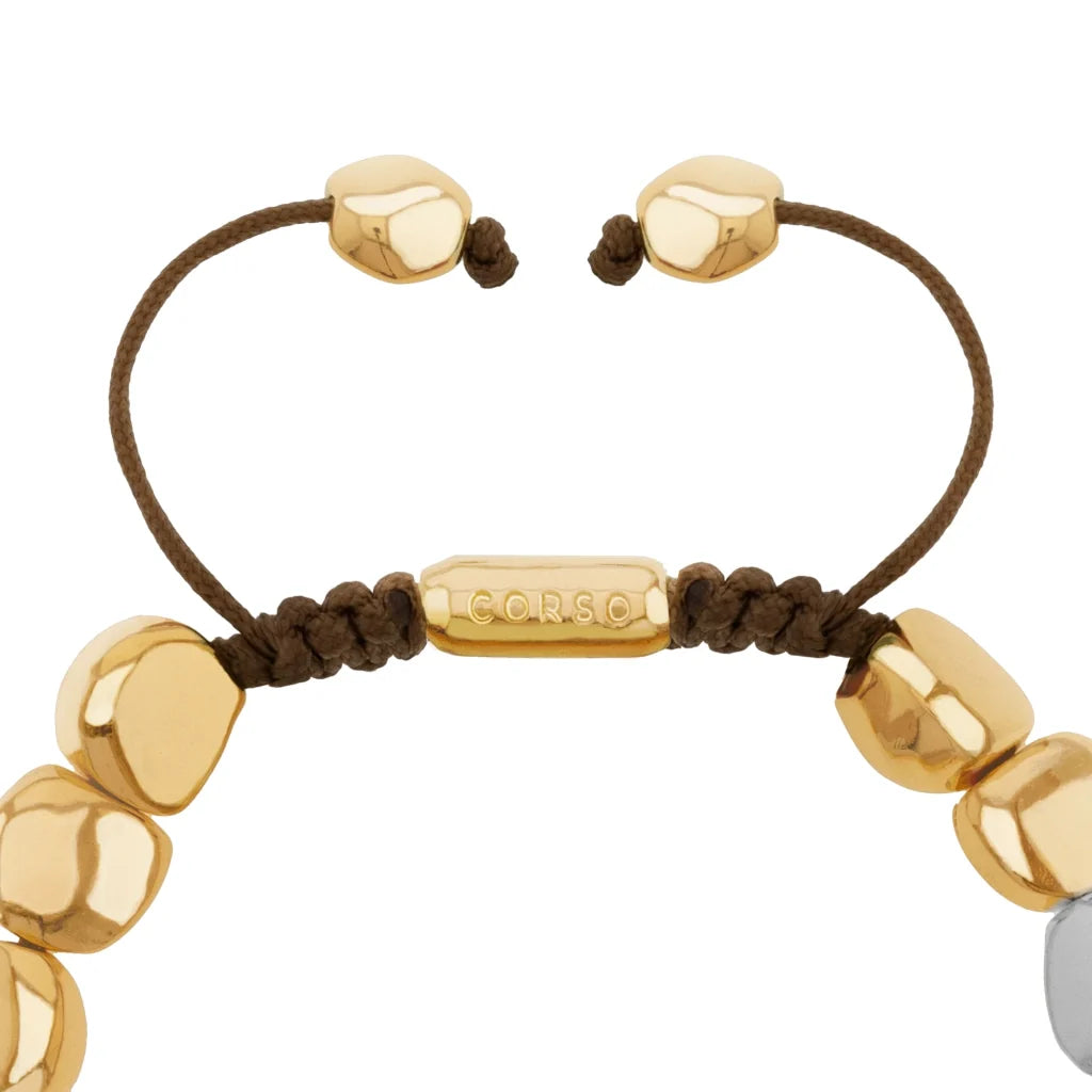 Pulsera con lunetas inspiradas en la forma de piedras del mar, con placa insignia corso en baño de oro 22K y rodio, con hilo de seda ajustable - Joyería y bisutería fina