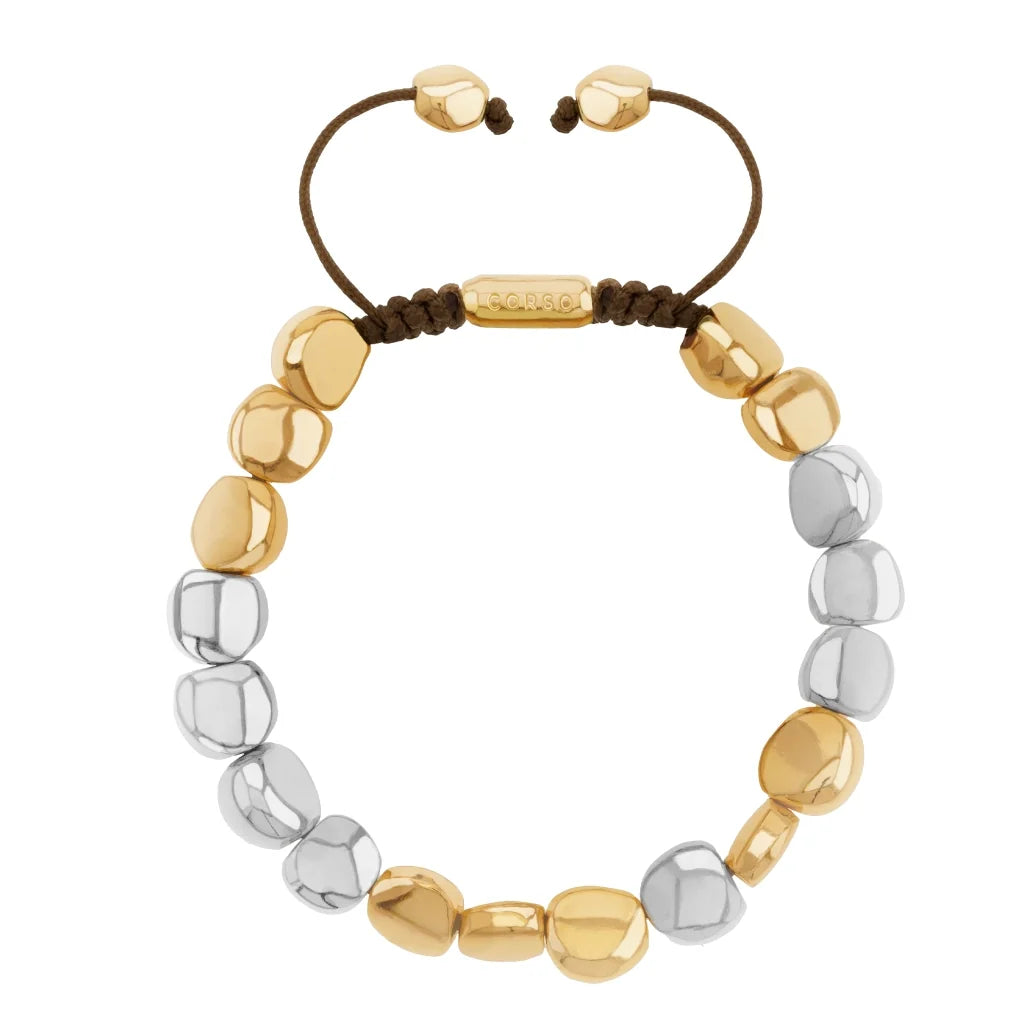 Pulsera con lunetas inspiradas en la forma de piedras del mar, con placa insignia corso en baño de oro 22K y rodio, con hilo de seda ajustable - Joyería y bisutería fina