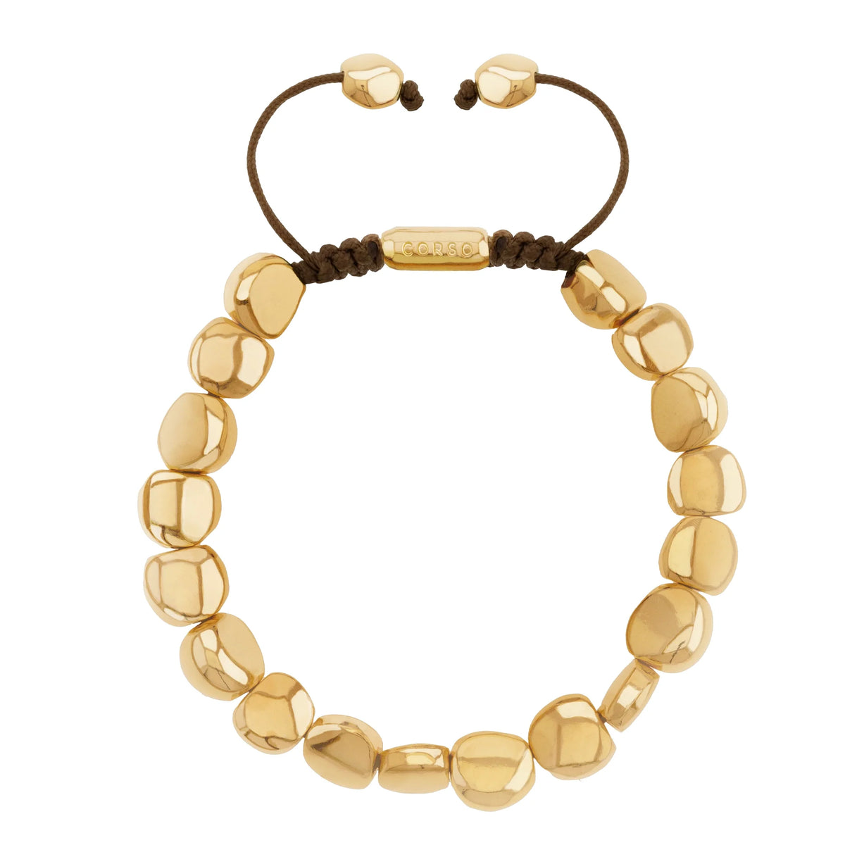 Pulsera con lunetas inspiradas en la forma de piedras del mar, con placa insignia corso en baño de oro 22K, con hilo de seda ajustable - Joyería y bisutería fina