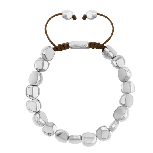 Pulsera con lunetas inspiradas en la forma de piedras del mar, con placa insignia corso en baño de rodio, con hilo de seda ajustable - Joyería y bisutería fina