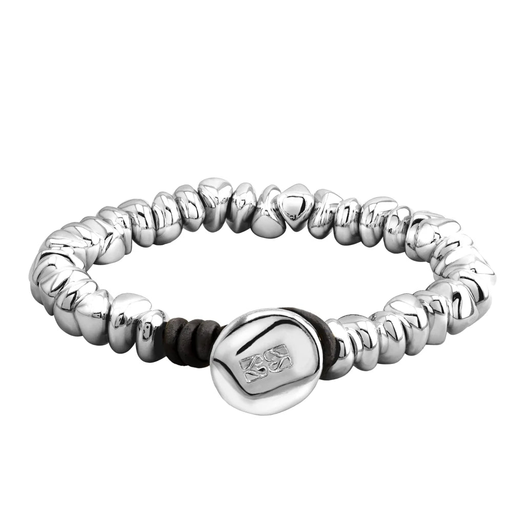 Pulsera de piel natural española, con broche de botón y semillas en baño de rodio - Joyería y bisutería fina