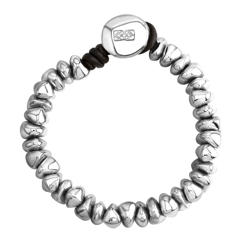 Pulsera de piel natural española, con broche de botón y semillas en baño de rodio - Joyería y bisutería fina