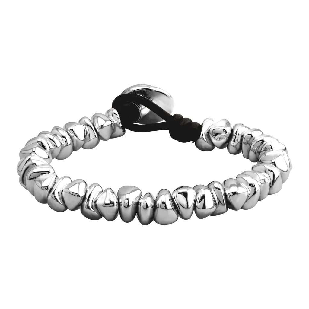Pulsera de piel natural española, con broche de botón y semillas en baño de rodio - Joyería y bisutería fina