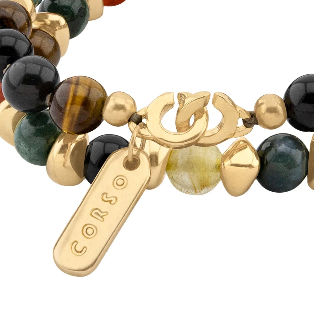 Pulsera con diseño de doble vuelta, con piedras semi-preciosas, broche distintivo y cuentas metálicas en baño de oro de 22K - Joyería y bisutería fina