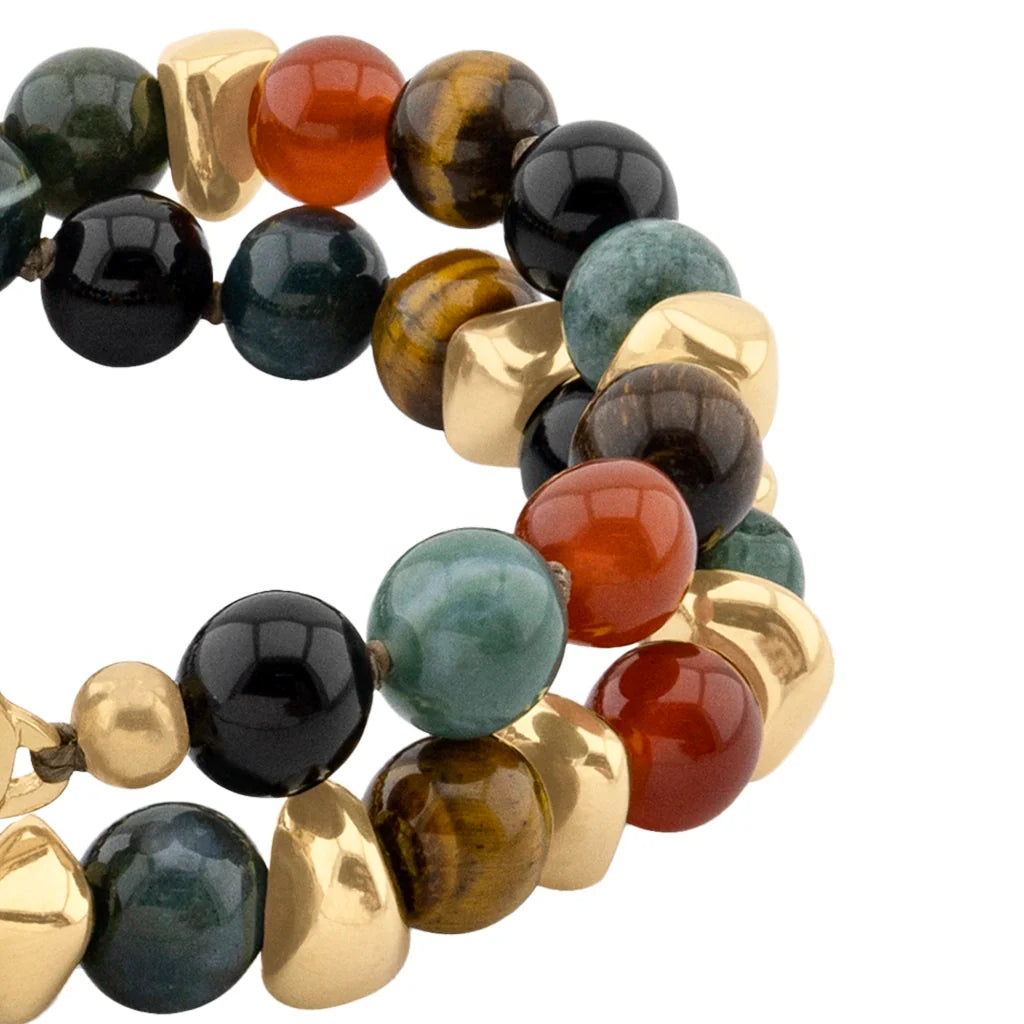 Pulsera con diseño de doble vuelta, con piedras semi-preciosas, broche distintivo y cuentas metálicas en baño de oro de 22K - Joyería y bisutería fina