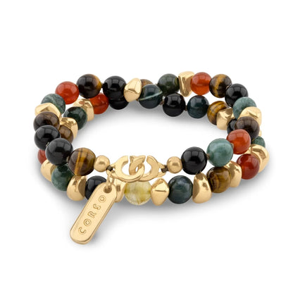 Pulsera con diseño de doble vuelta, con piedras semi-preciosas, broche distintivo y cuentas metálicas en baño de oro de 22K - Joyería y bisutería fina