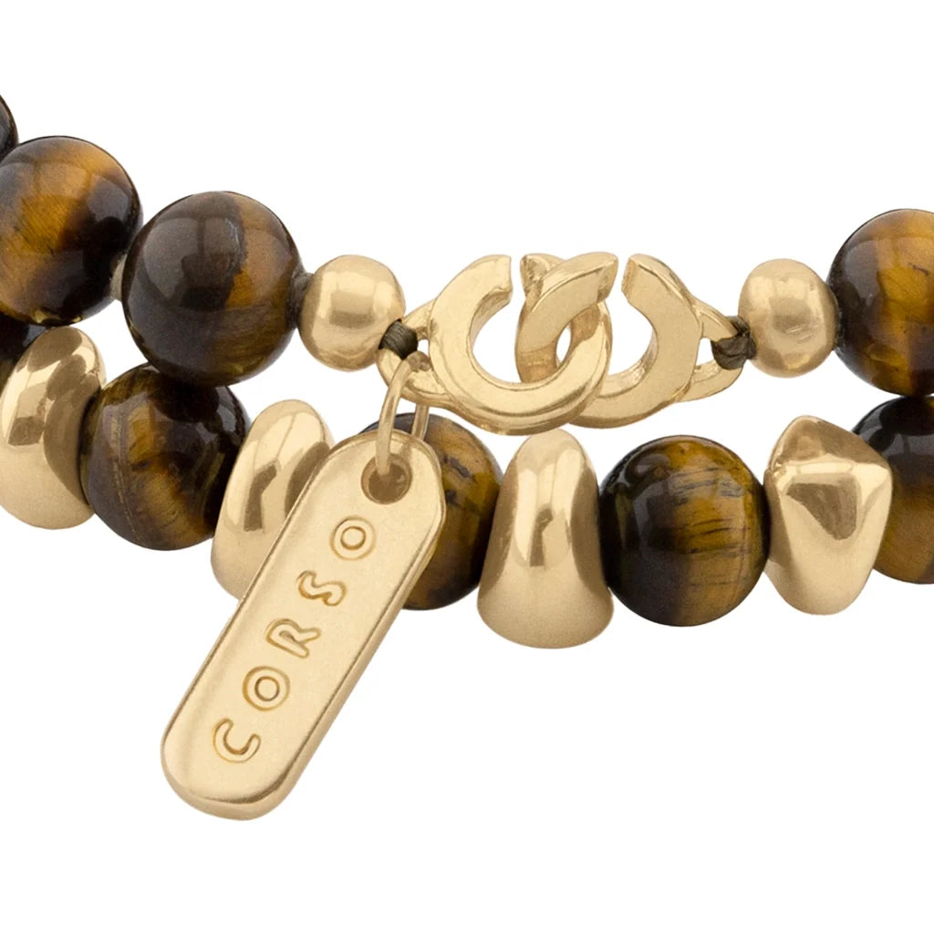 Pulsera con diseño de doble vuelta, con piedras semi-preciosas, broche distintivo y cuentas metálicas en baño de oro de 22K - Joyería y bisutería fina