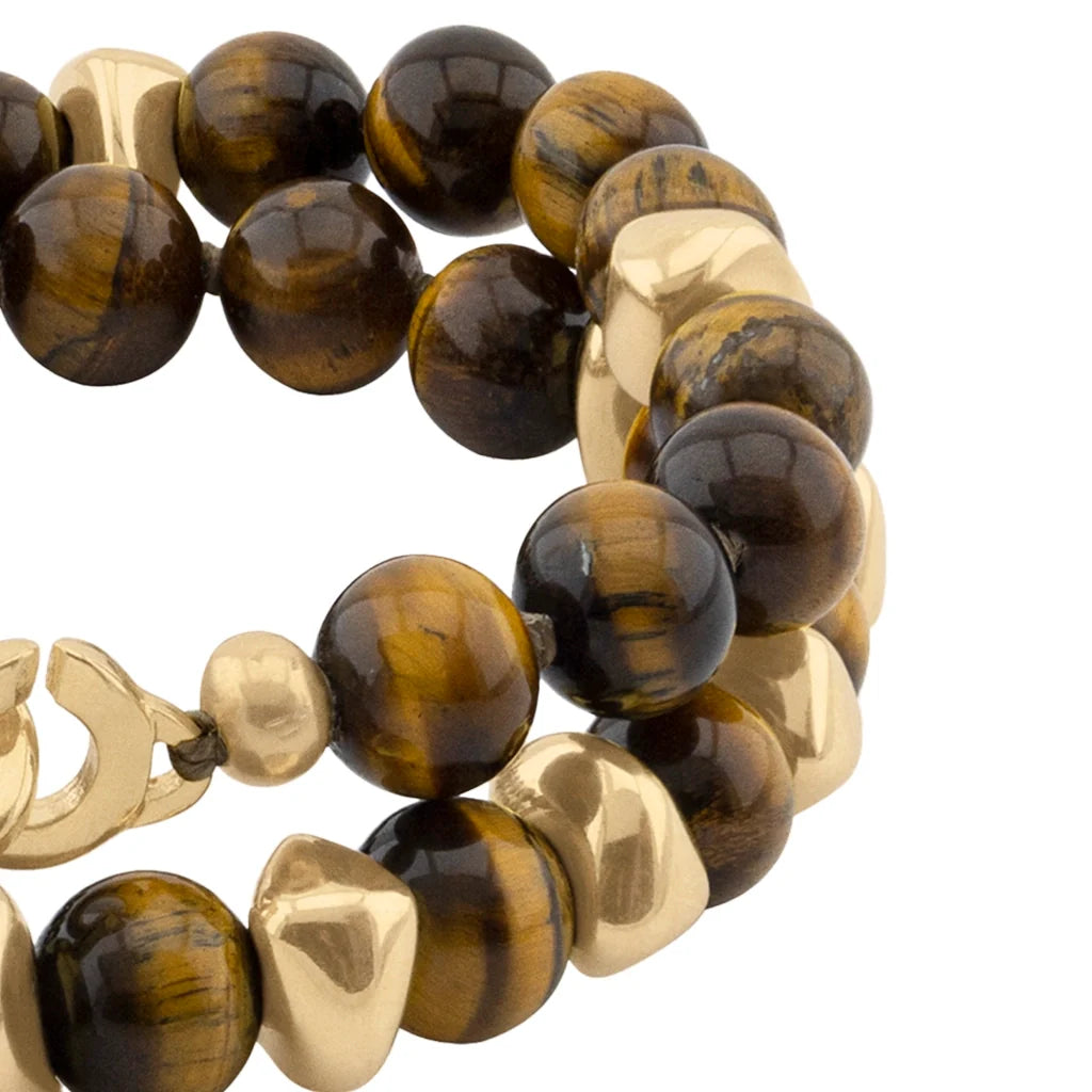 Pulsera con diseño de doble vuelta, con piedras semi-preciosas, broche distintivo y cuentas metálicas en baño de oro de 22K - Joyería y bisutería fina