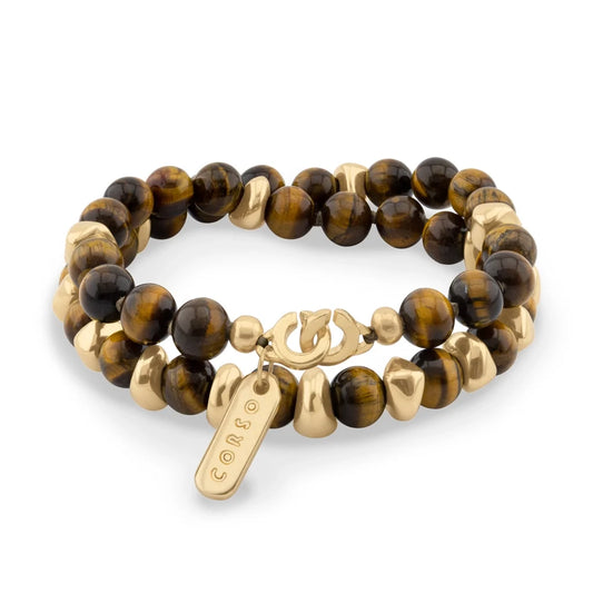 Pulsera con diseño de doble vuelta, con piedras semi-preciosas, broche distintivo y cuentas metálicas en baño de oro de 22K - Joyería y bisutería fina