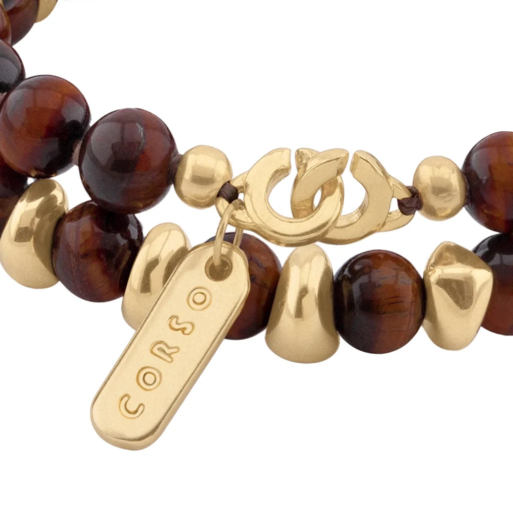Pulsera con diseño de doble vuelta, con piedras semi-preciosas, broche distintivo y cuentas metálicas en baño de oro de 22K - Joyería y bisutería fina