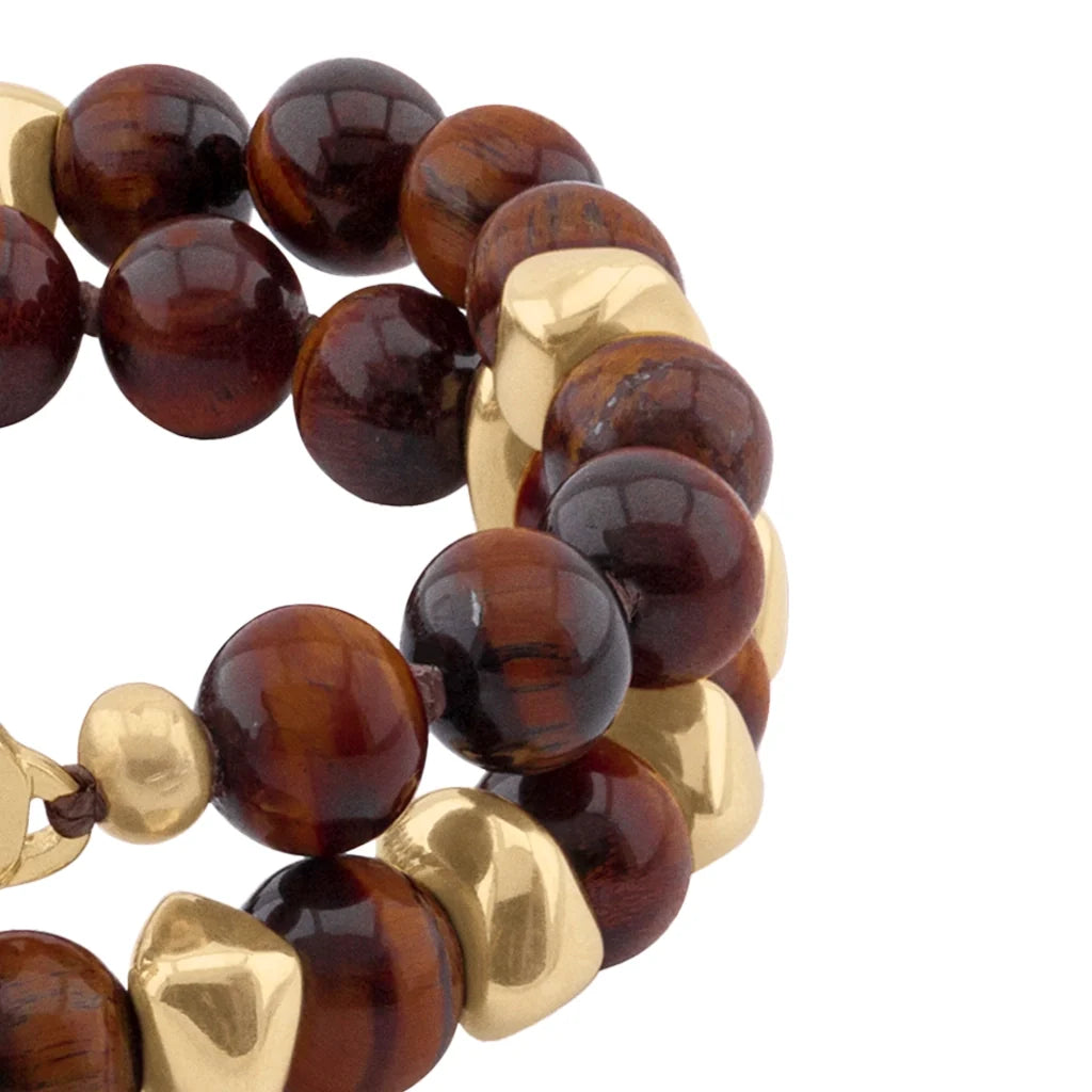 Pulsera con diseño de doble vuelta, con piedras semi-preciosas, broche distintivo y cuentas metálicas en baño de oro de 22K - Joyería y bisutería fina