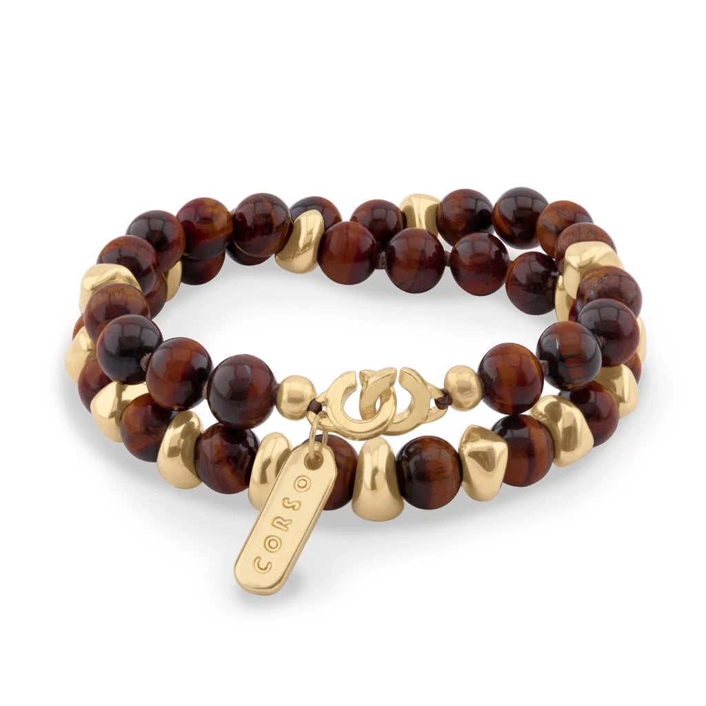 Pulsera con diseño de doble vuelta, con piedras semi-preciosas, broche distintivo y cuentas metálicas en baño de oro de 22K - Joyería y bisutería fina