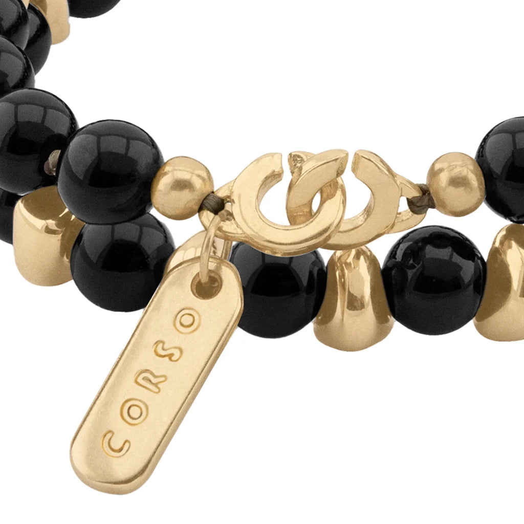 Pulsera con diseño de doble vuelta, con piedras semi-preciosas, broche distintivo y cuentas metálicas en baño de oro de 22K - Joyería y bisutería fina