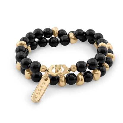 Pulsera con diseño de doble vuelta, con piedras semi-preciosas, broche distintivo y cuentas metálicas en baño de oro de 22K - Joyería y bisutería fina