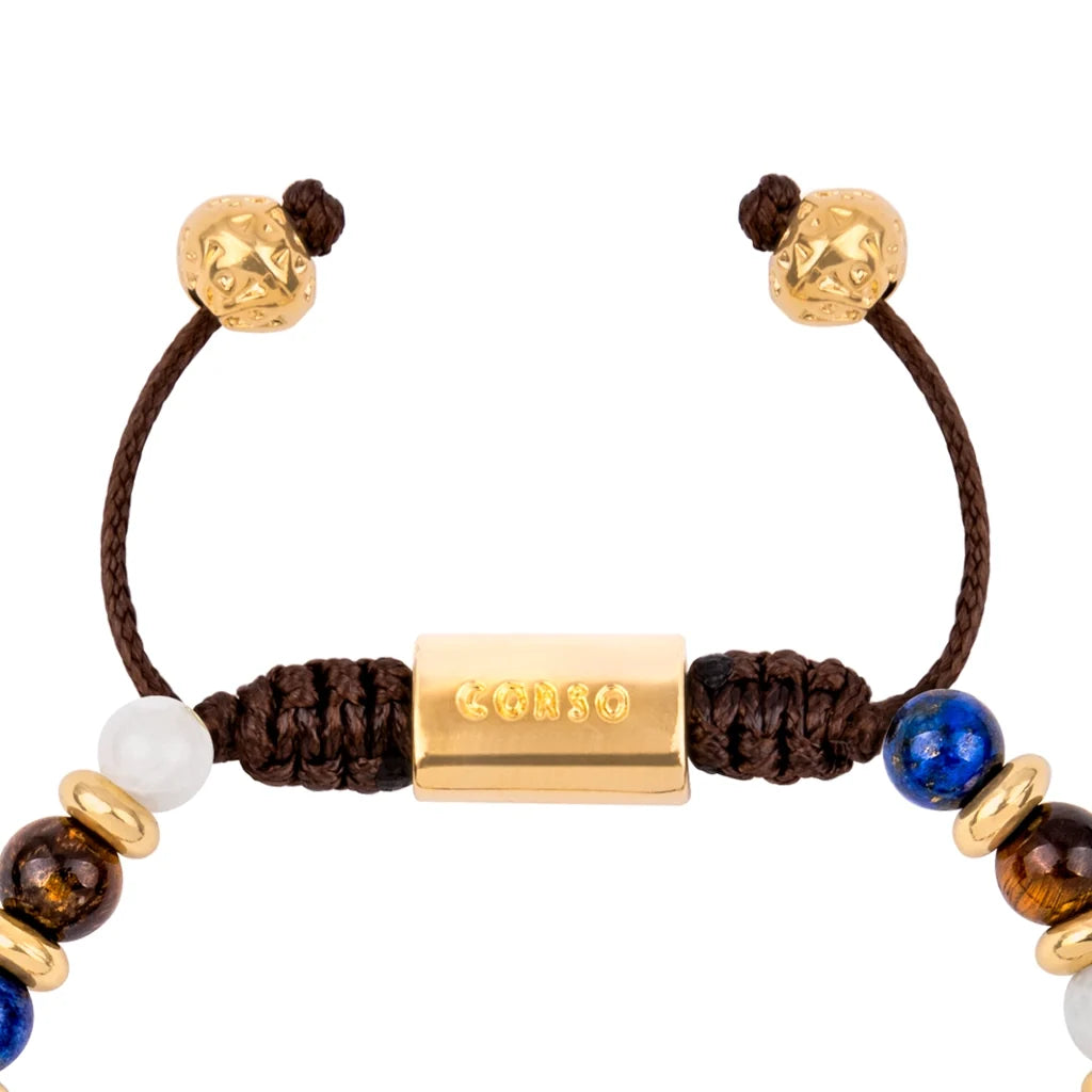 Pulsera ajustable con hilo de seda café, piedra ojo de tigre, luna, dumortierita de 6mm, con detalles en baño de oro de 22K - Joyería y bisutería fina