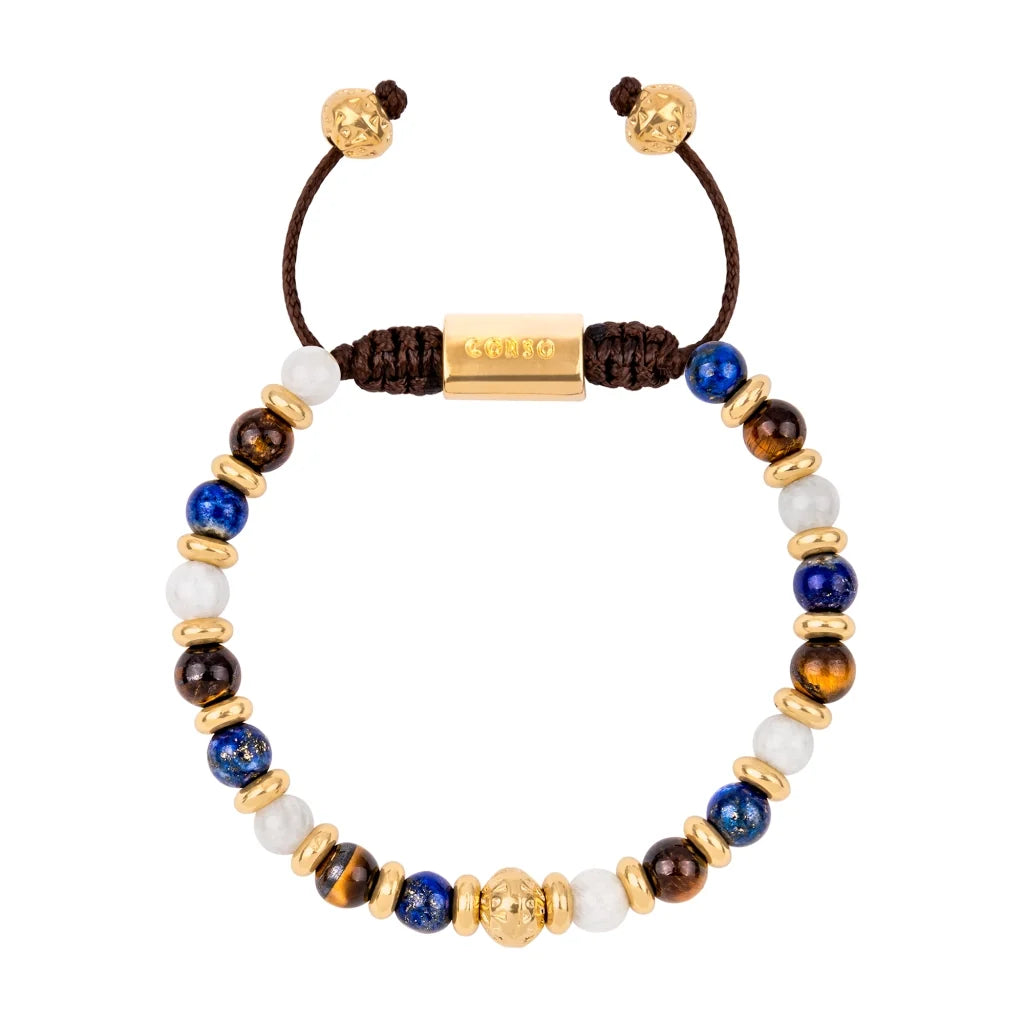 Pulsera ajustable con hilo de seda café, piedra ojo de tigre, luna, dumortierita de 6mm, con detalles en baño de oro de 22K - Joyería y bisutería fina