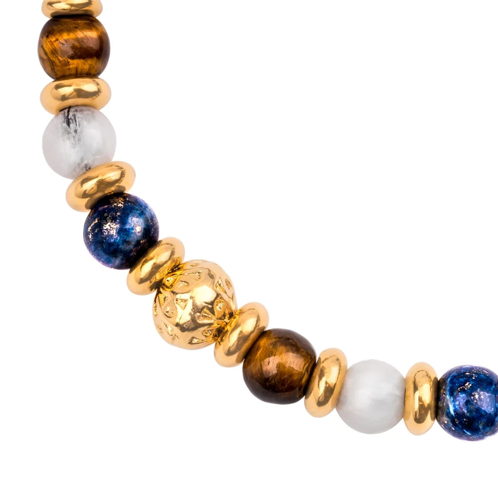 Pulsera ajustable con hilo de seda café, piedra ojo de tigre, luna, dumortierita de 6mm, con detalles en baño de oro de 22K - Joyería y bisutería fina