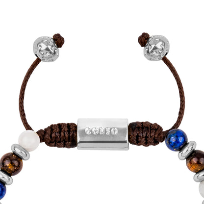 Pulsera ajustable con hilo de seda café, piedra ojo de tigre, luna, dumortierita de 6mm, con detalles en baño de rio - Joyería y bisutería fina