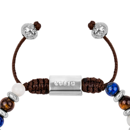 Pulsera ajustable con hilo de seda café, piedra ojo de tigre, luna, dumortierita de 6mm, con detalles en baño de rio - Joyería y bisutería fina