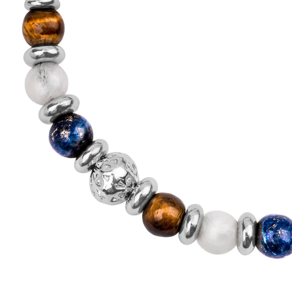 Pulsera ajustable con hilo de seda café, piedra ojo de tigre, luna, dumortierita de 6mm, con detalles en baño de rio - Joyería y bisutería fina