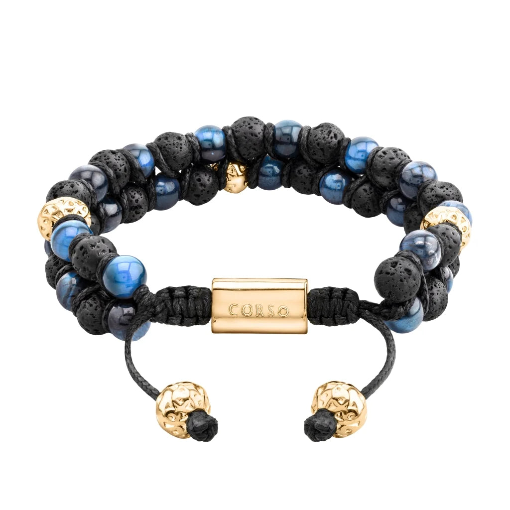 Pulsera con piedras 6mm y piedra volcánica, placa y mantras en baño de oro 22K