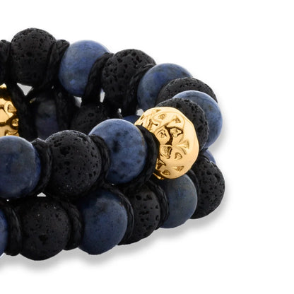 Pulsera con piedras 6mm y piedra volcánica, placa y mantras en baño de oro 22K