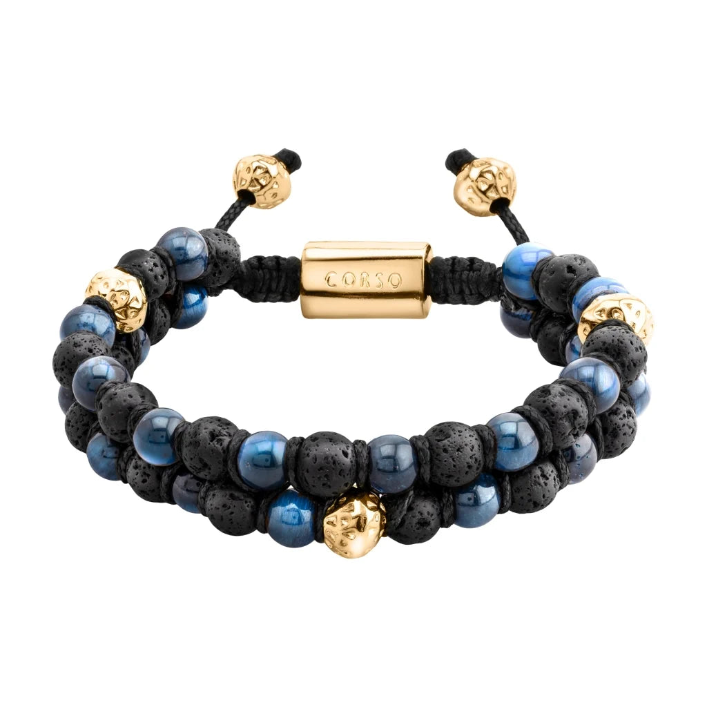 Pulsera con piedras 6mm y piedra volcánica, placa y mantras en baño de oro 22K