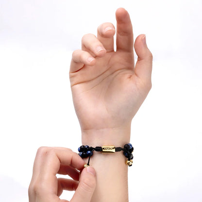 Pulsera con piedras 6mm y piedra volcánica, placa y mantras en baño de oro 22K