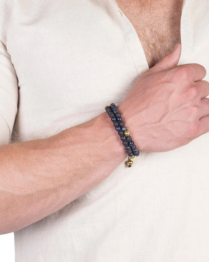 Pulsera con piedras 6mm y piedra volcánica, placa y mantras en baño de oro 22K