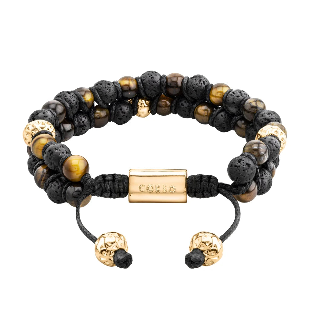 Pulsera con piedras 6mm y piedra volcánica, placa y mantras en baño de oro 22K