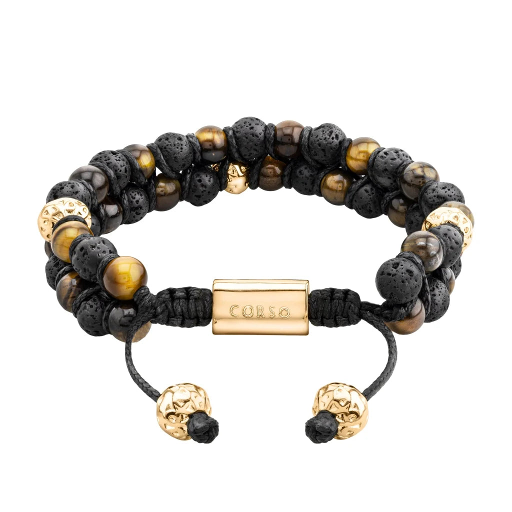 Pulsera con piedras 6mm y piedra volcánica, placa y mantras en baño de oro 22K