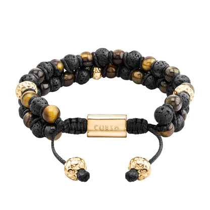 Pulsera con piedras 6mm y piedra volcánica, placa y mantras en baño de oro 22K